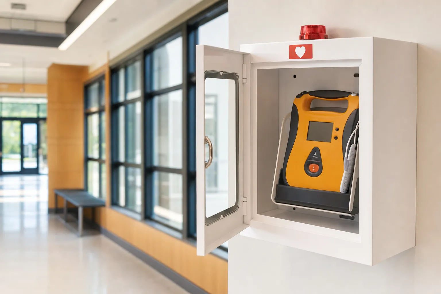 Open public-access AED cabinet in a bright community building hallway
