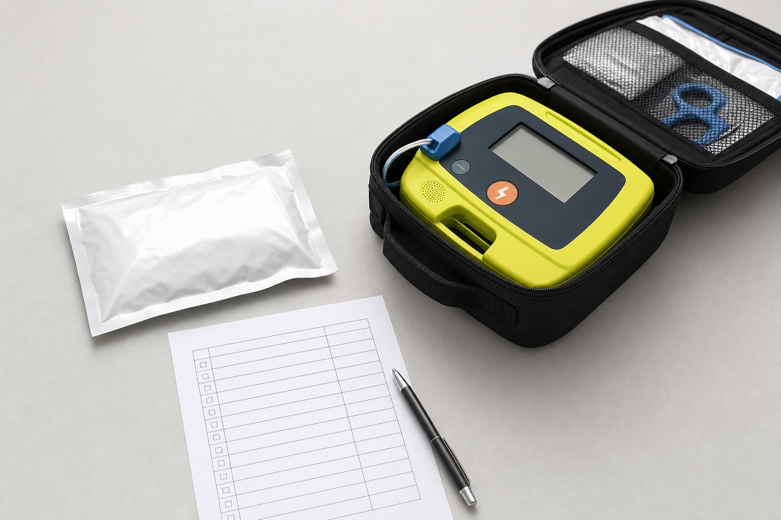 AED, sealed electrode pad pouch, and maintenance checklist on a tabletop