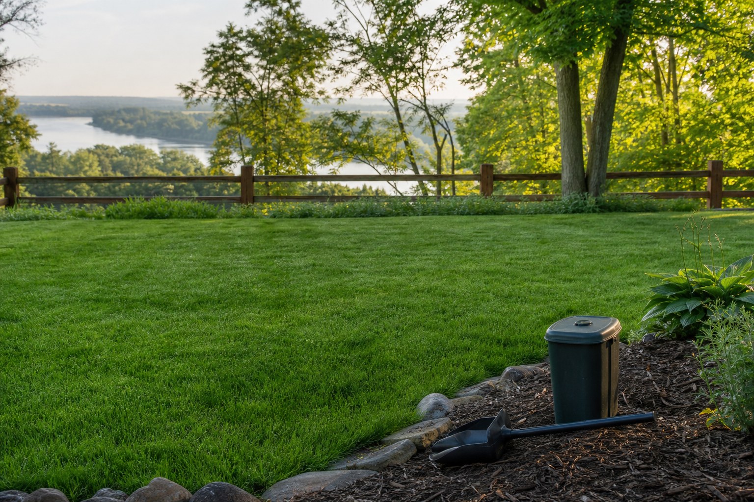 Clean backyard lawn with covered pickup bin and scoop