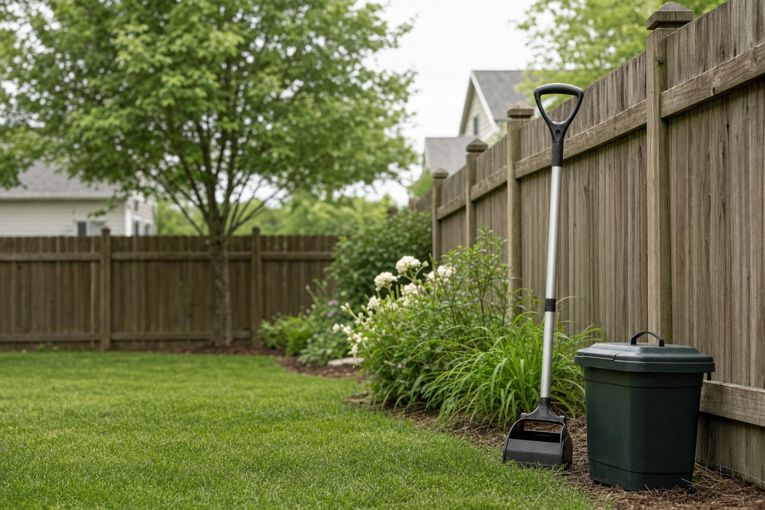 Clean backyard with a pooper scooper and covered waste bin