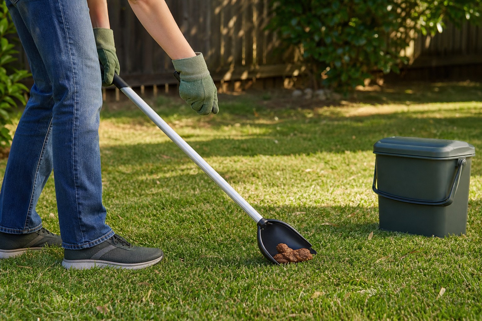 Gloved homeowner using a long-handled scoop in a backyard