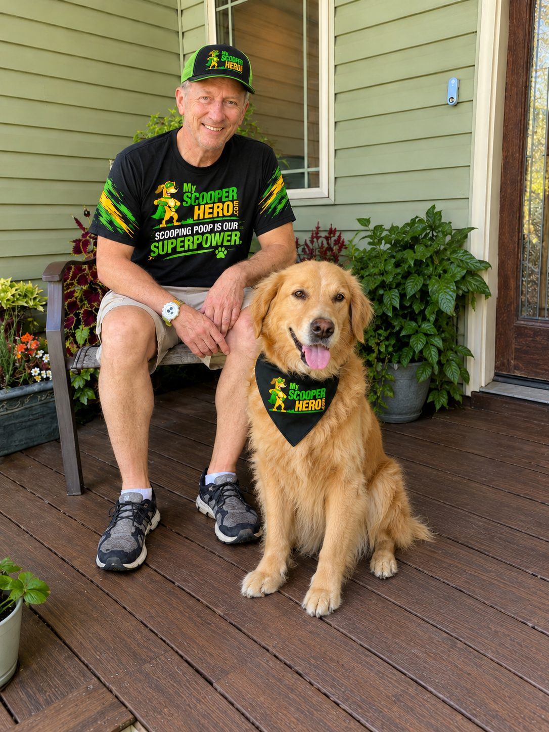 My Scooper Hero team member with a golden retriever on the porch