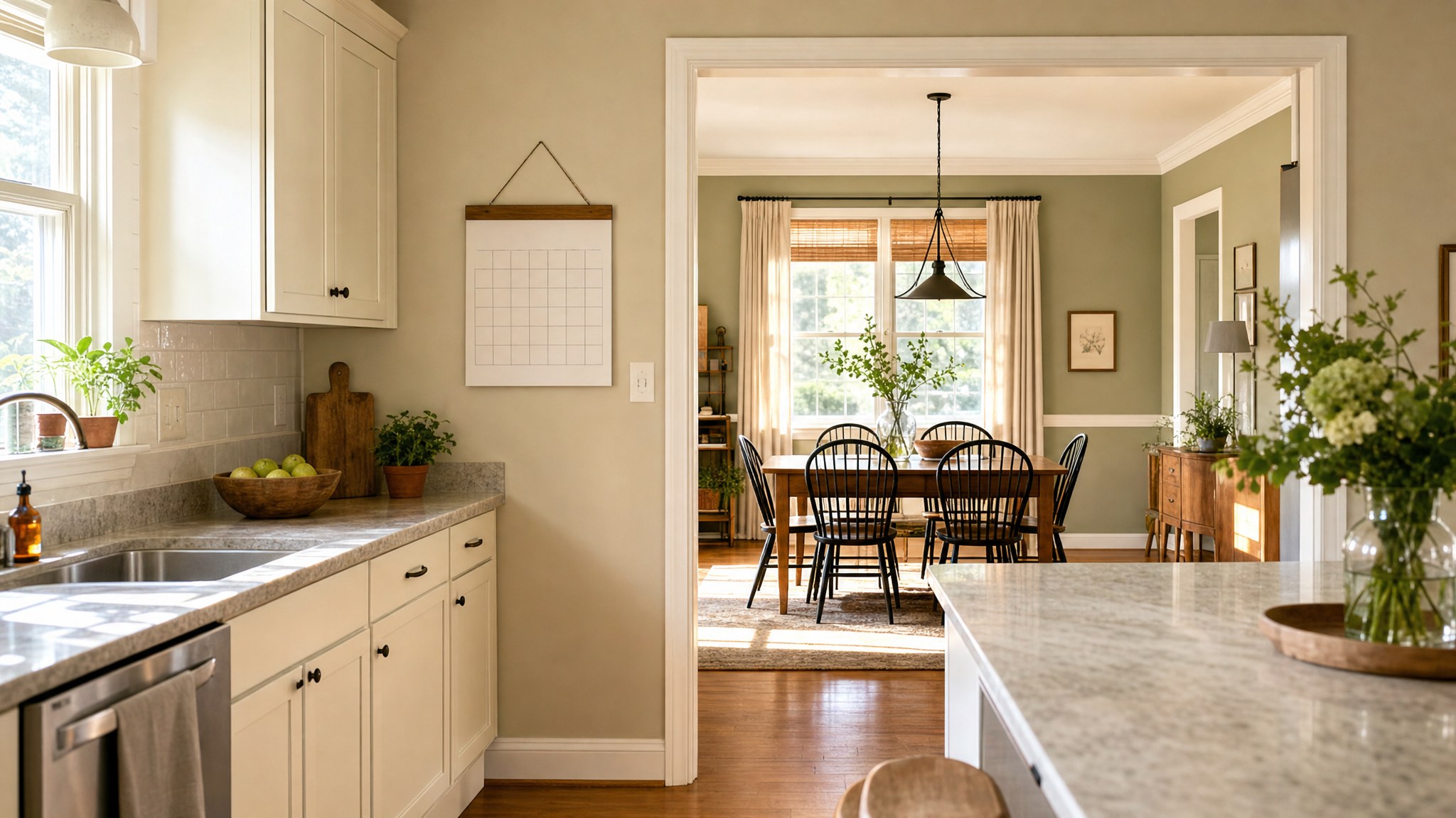A calm, clean kitchen and dining space