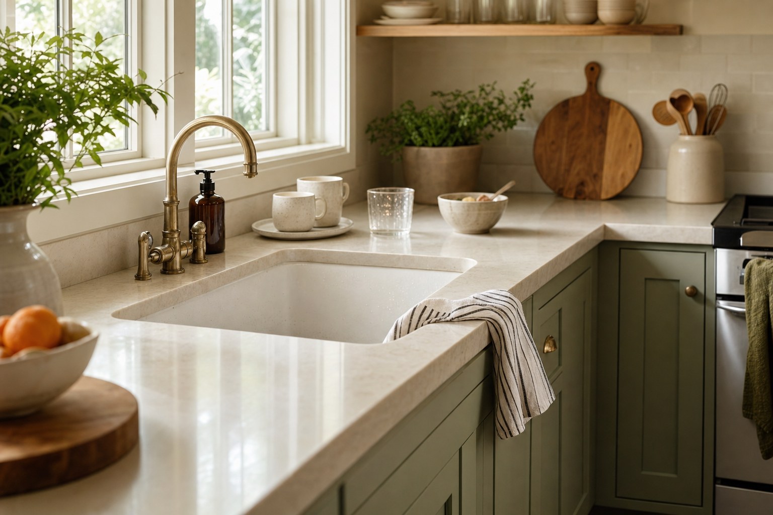 A freshly reset kitchen with clear counters and a clean sink