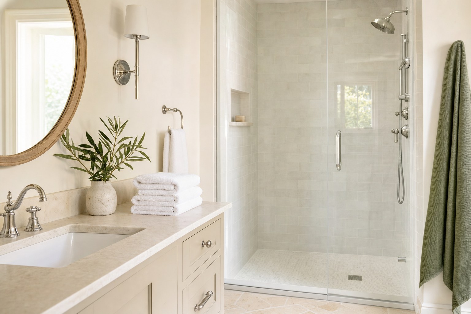 A bright, clean bathroom with a clear vanity and folded towels