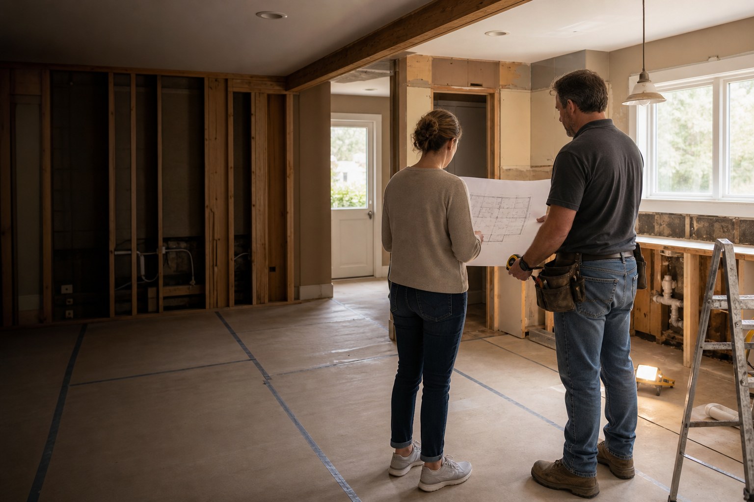 Homeowner and contractor reviewing a floor plan in an unfinished kitchen remodel
