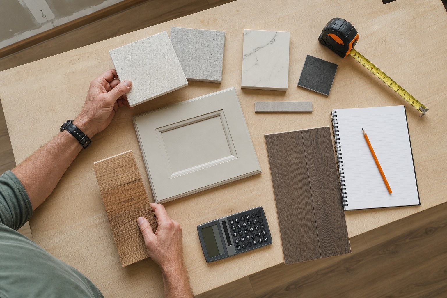 Home remodeling finish samples, tape measure, notebook, and calculator on a worktable