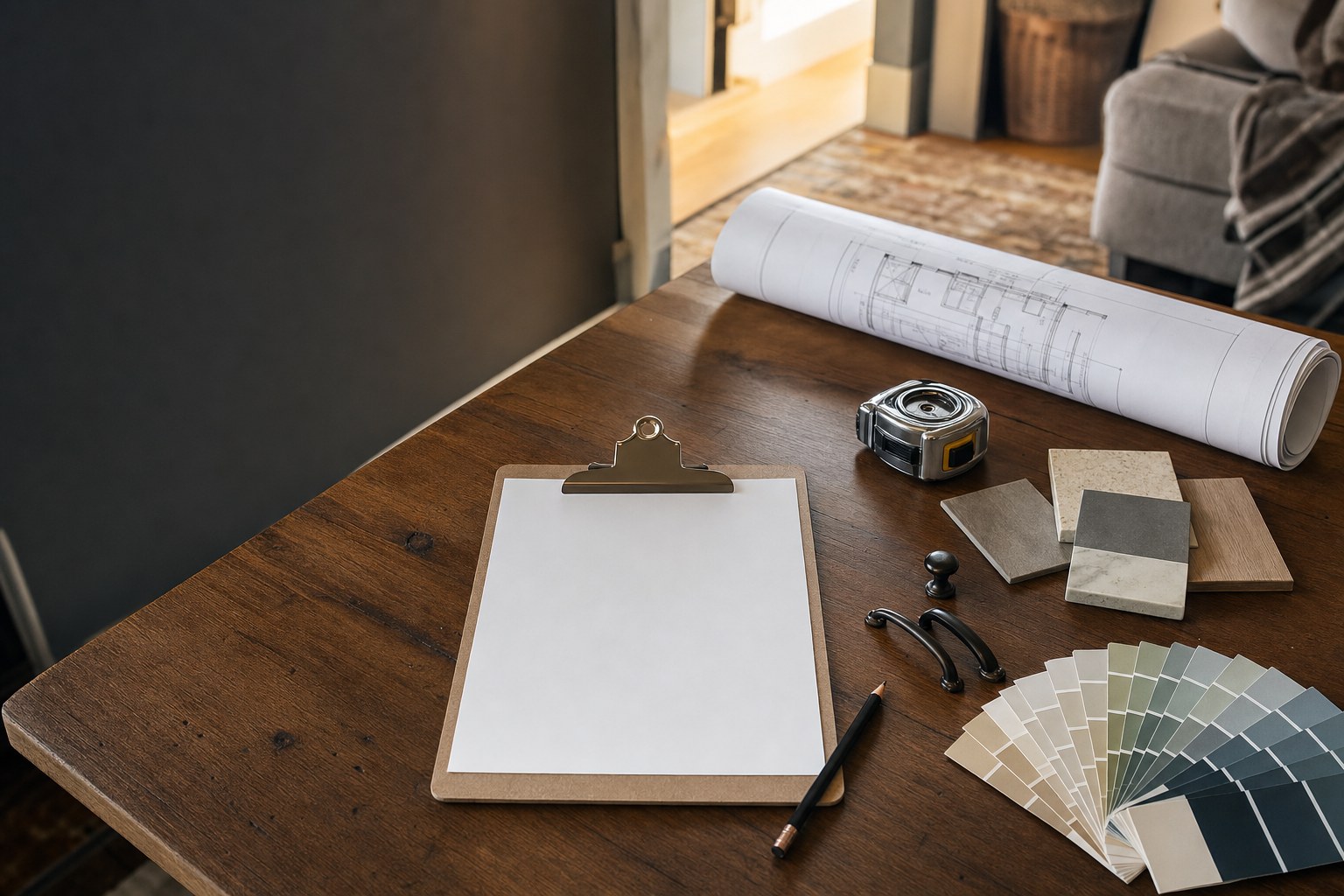 Home remodel planning materials on a wood table, including a clipboard, floor plan, finish samples, and tape measure