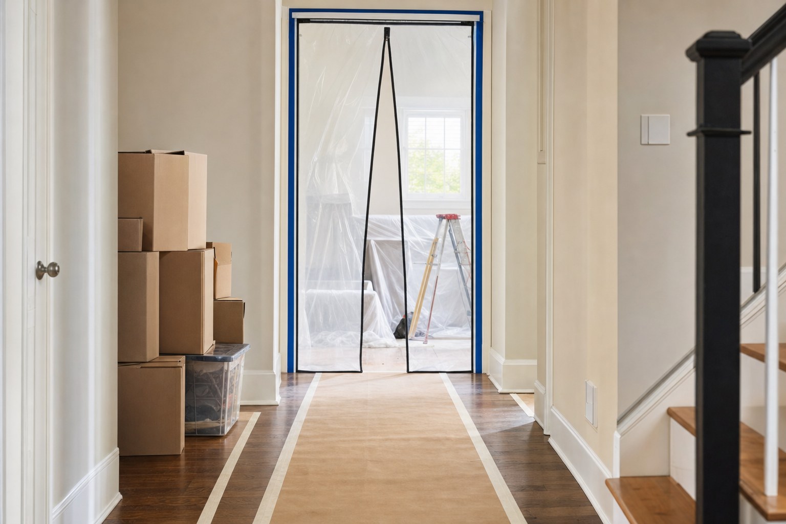 Floor protection and dust barrier set up in a home before remodeling work
