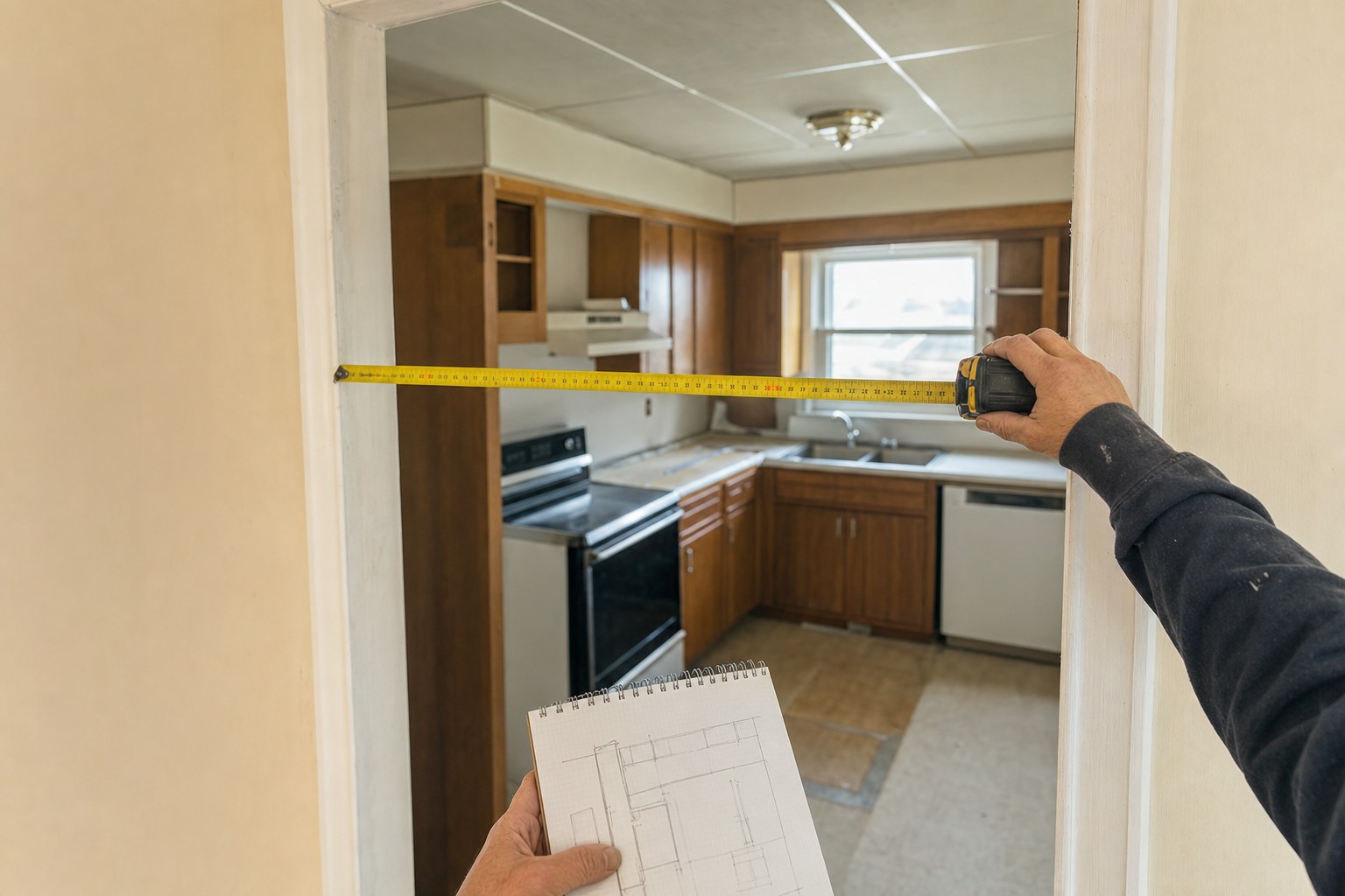 Contractor measuring a kitchen doorway before a remodel