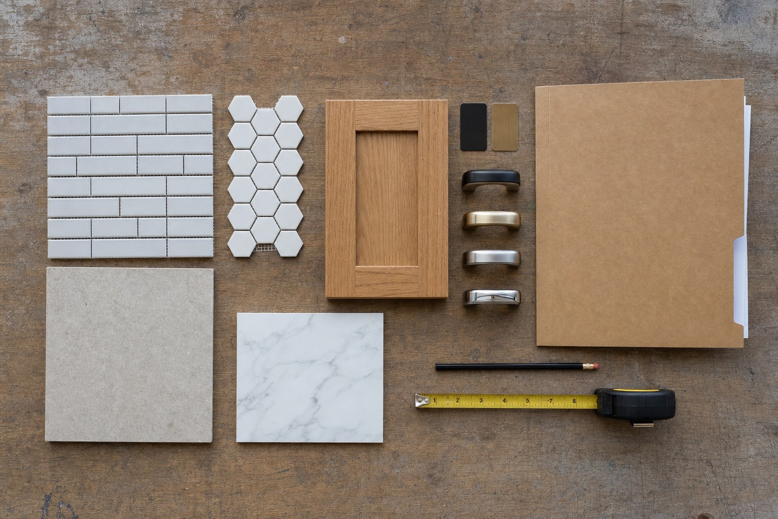 Tile, cabinet, countertop, and hardware samples organized for a home remodel