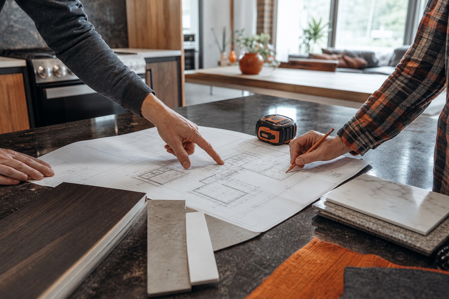 Homeowner and contractor reviewing renovation plans and finish samples