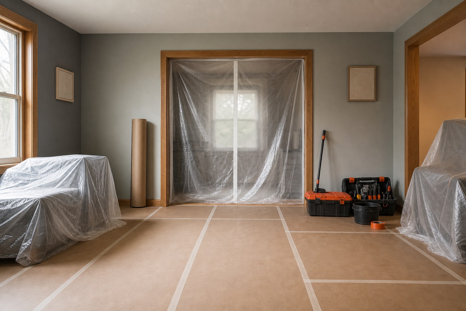 Room prepared for remodeling with floors protected and a doorway dust barrier