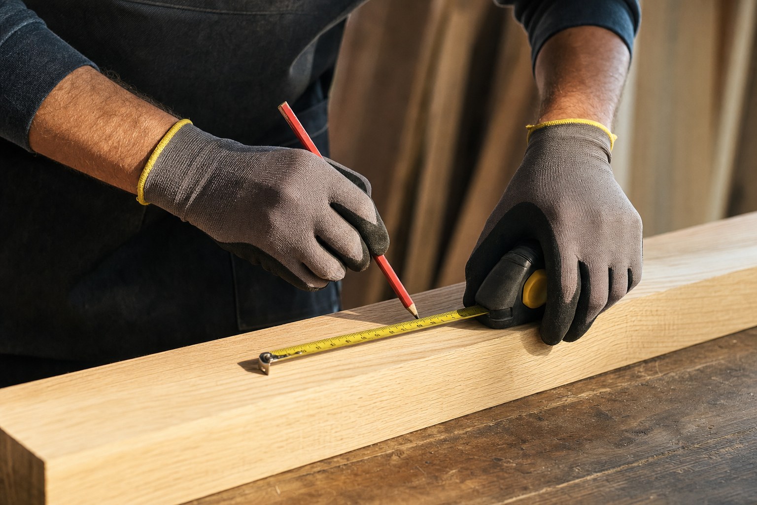 Illustrative carpenter measuring a timber beam