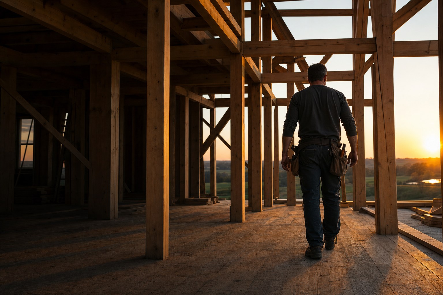 Illustrative timber framing at sunset
