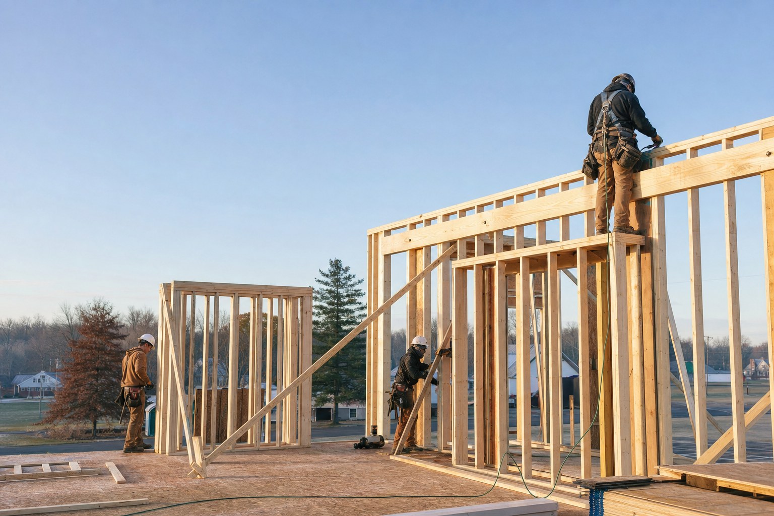 Illustrative crew framing a new home