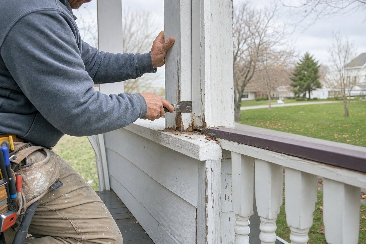 Illustrative contractor repairing exterior wood trim
