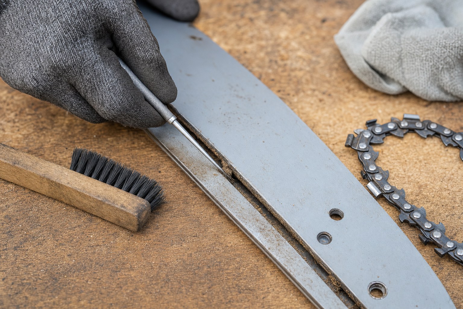 Gloved hand cleaning sawdust from a removed chainsaw guide-bar groove