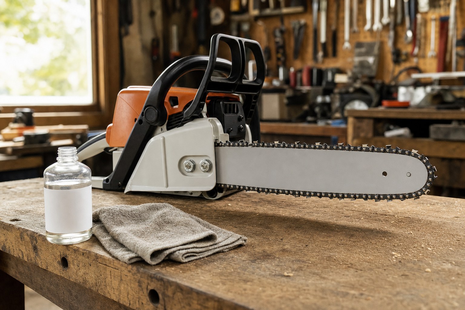 Chainsaw, bar-and-chain oil, and shop rag on a workbench