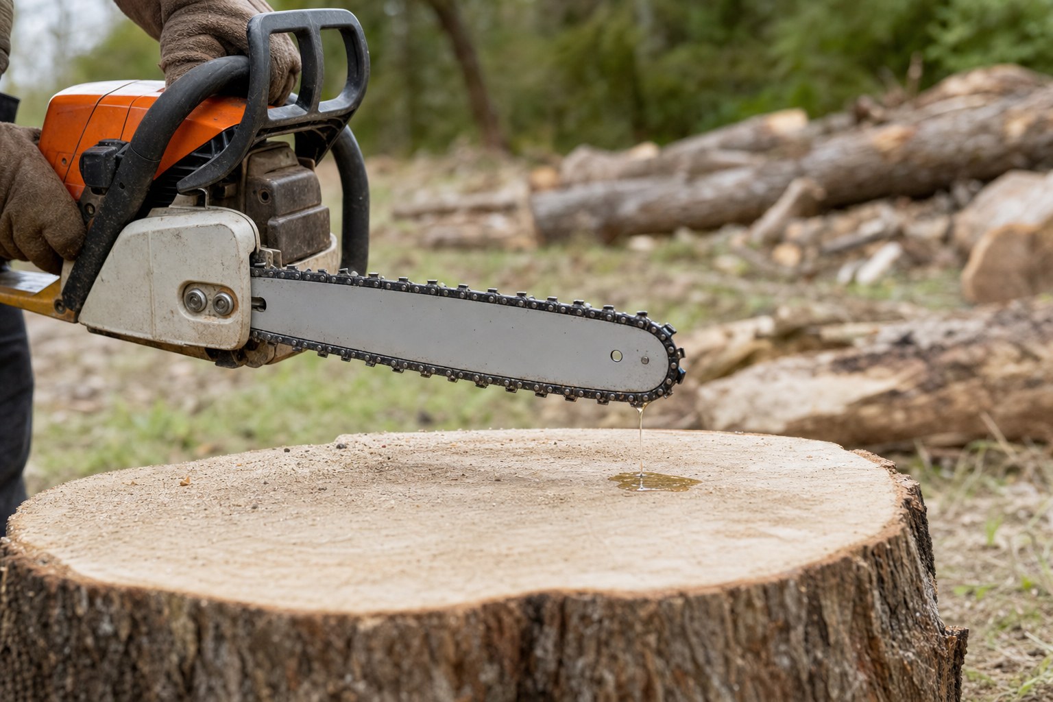 Chainsaw held above a tree stump during a bar-and-chain oil flow check