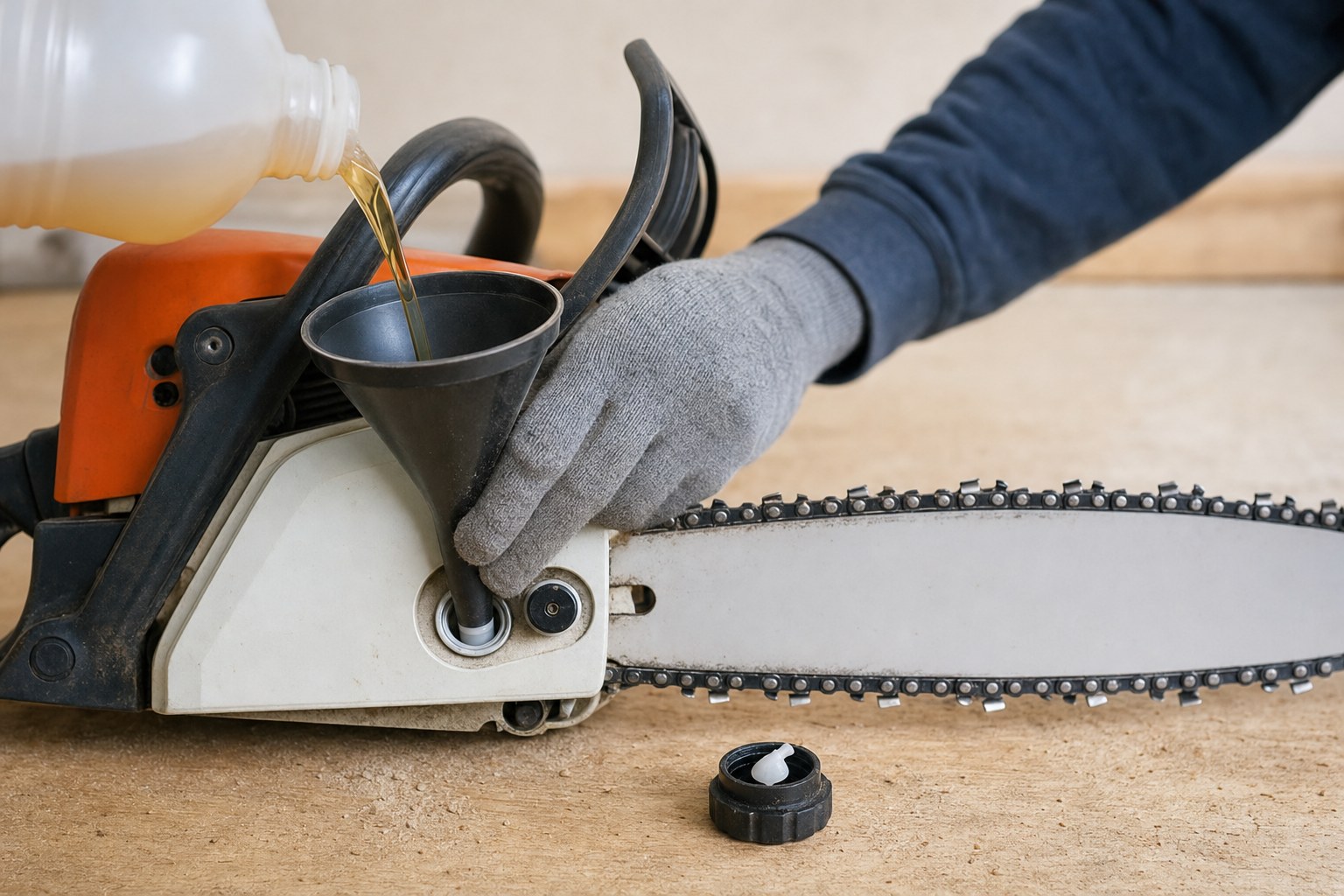 Gloved hand filling a chainsaw bar-and-chain oil reservoir with a funnel