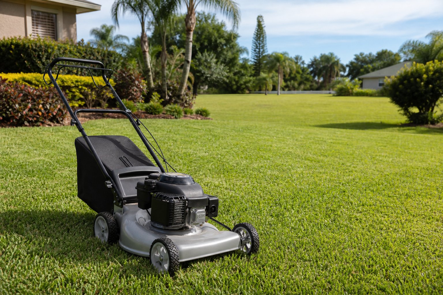 Walk-behind mower beside a neatly cut Florida lawn