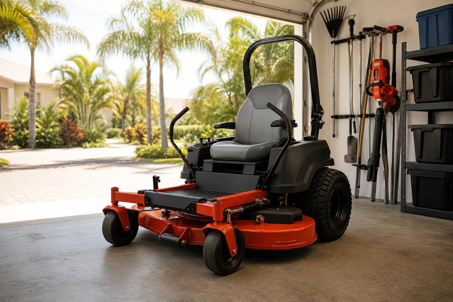 Zero-turn mower stored in a clean Florida garage