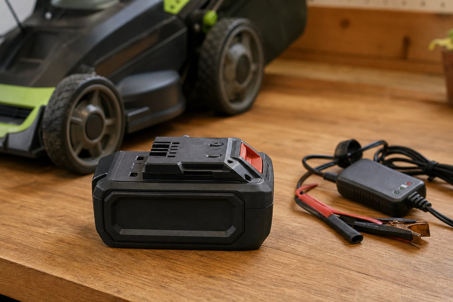 Removable mower battery and charger on a dry workbench