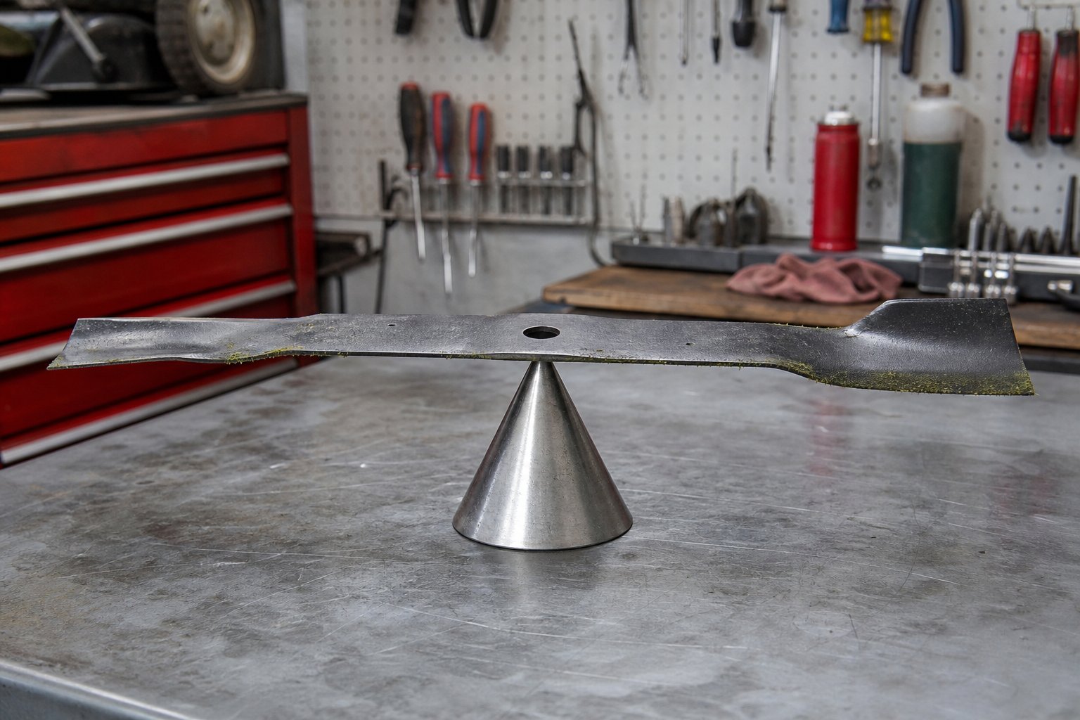 Rotary mower blade balanced on a metal cone balancer