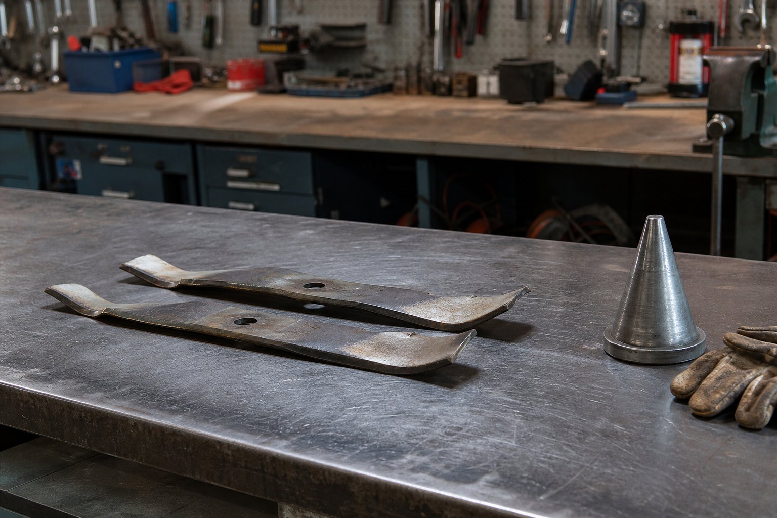 Removed rotary mower blades on a service workbench beside a blade balancer