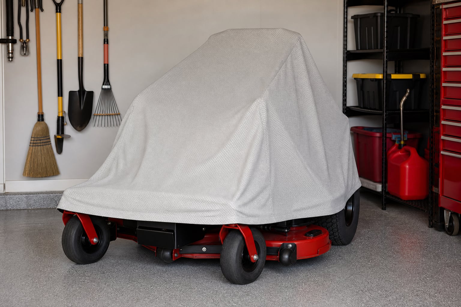 Zero-turn mower protected by a breathable cover in a dry garage