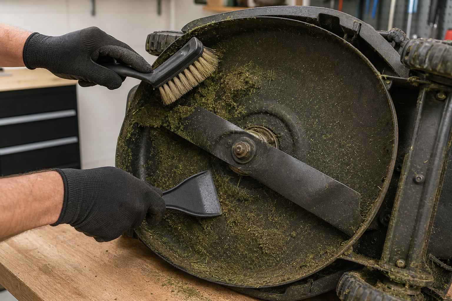 Gloved hands brushing grass clippings from an upside-down mower deck