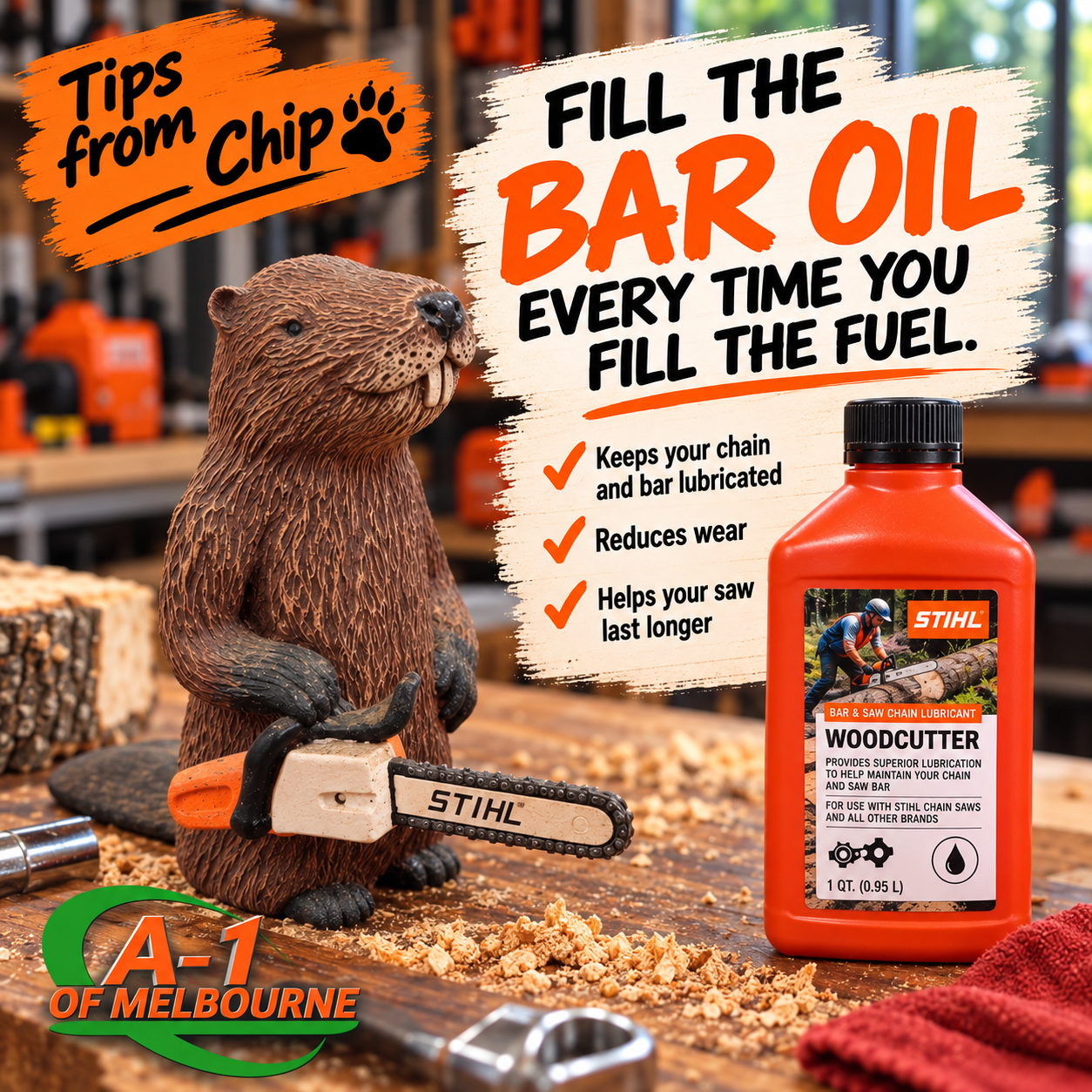 Tips from Chip: Fill the bar oil every time you fill the fuel. Keeps your chain and bar lubricated, reduces wear, and helps your saw last longer.