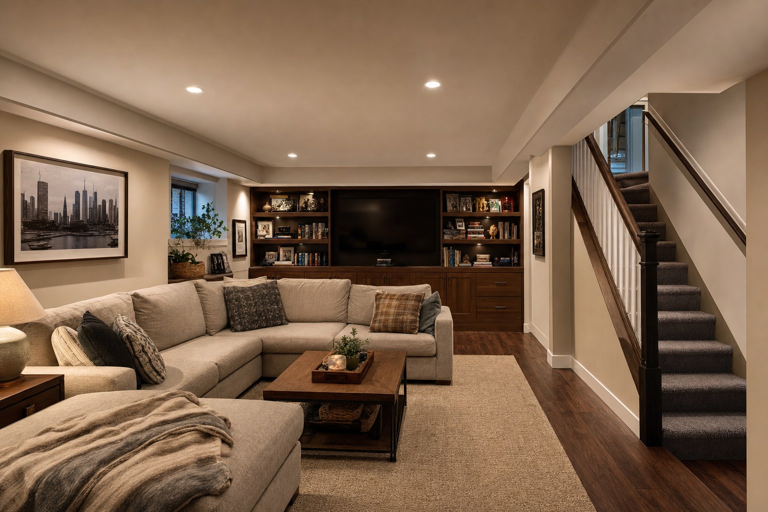 Finished basement family room with seating, built-in storage, and a staircase
