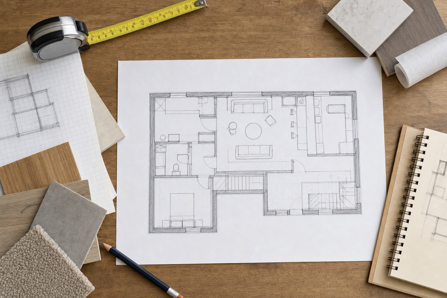 Basement floor plan beside material samples, graph paper, and a tape measure