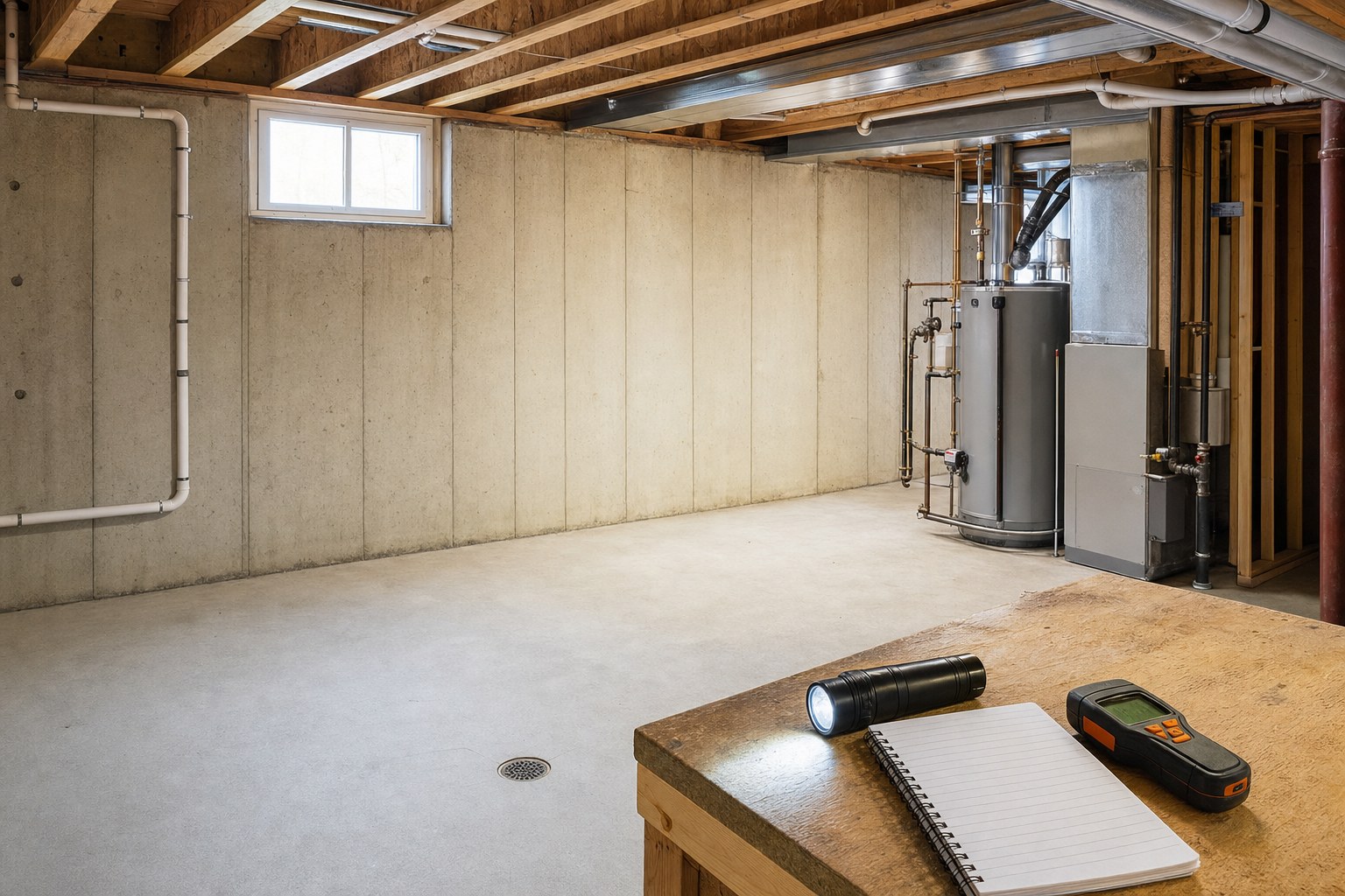 Unfinished basement with concrete foundation walls, floor drain, and utility equipment