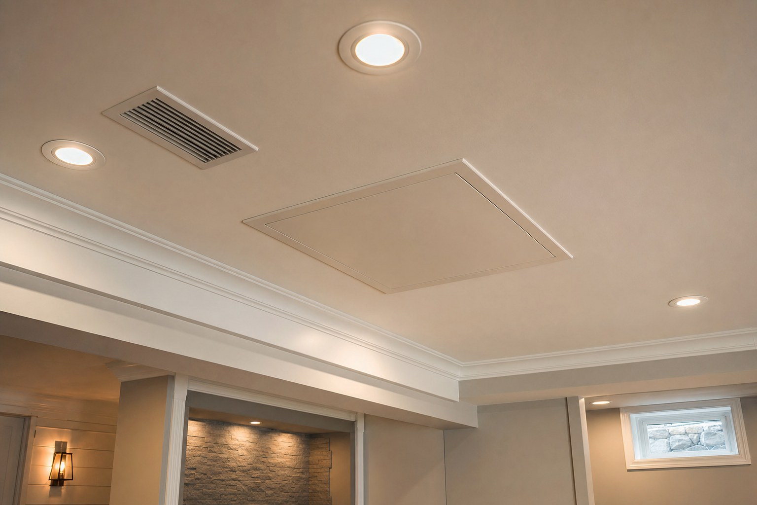 Finished basement ceiling with recessed lights, an air return, and an access panel