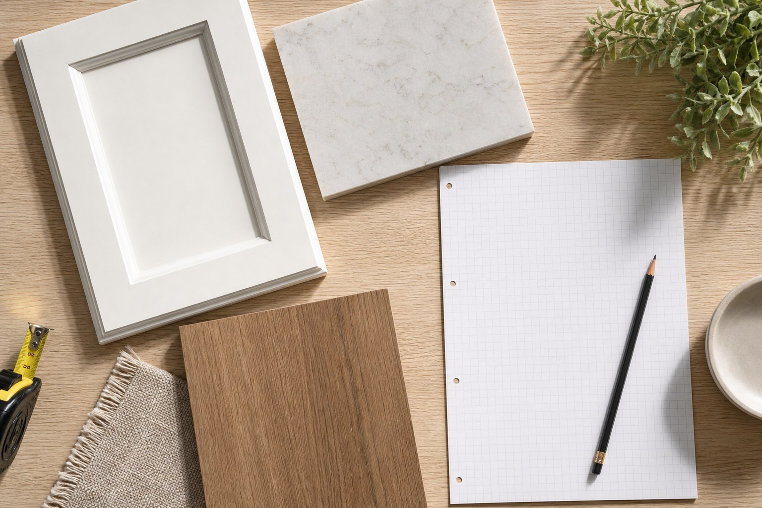 Cabinet door, countertop, wood, and fabric samples beside graph paper and a tape measure