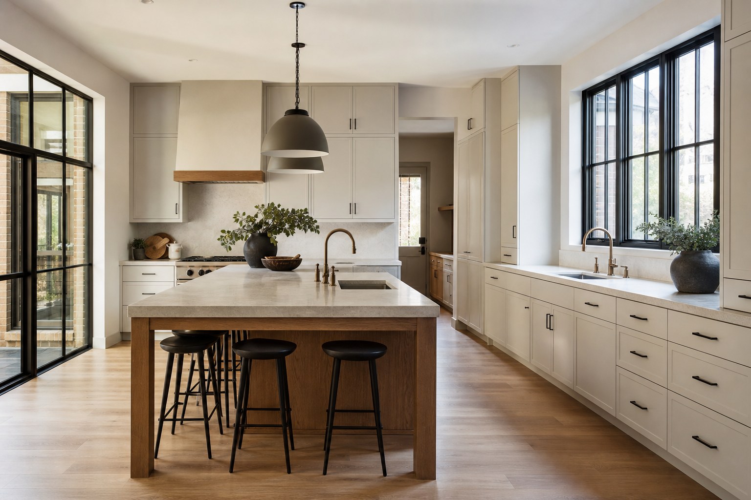 Bright kitchen with an island, pale cabinets, and large black-framed windows