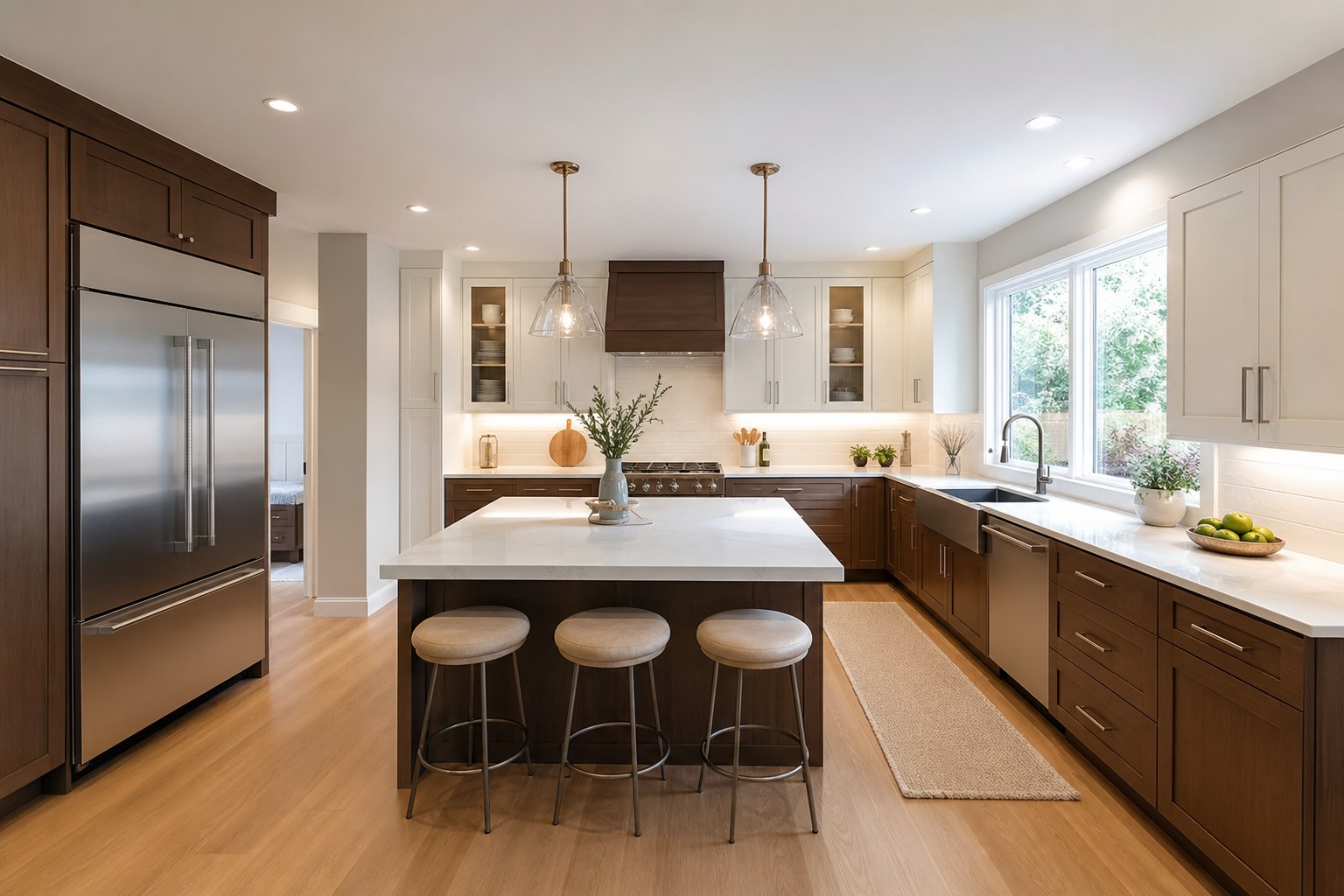 Kitchen with clear walkways, an island, sink, range, and refrigerator