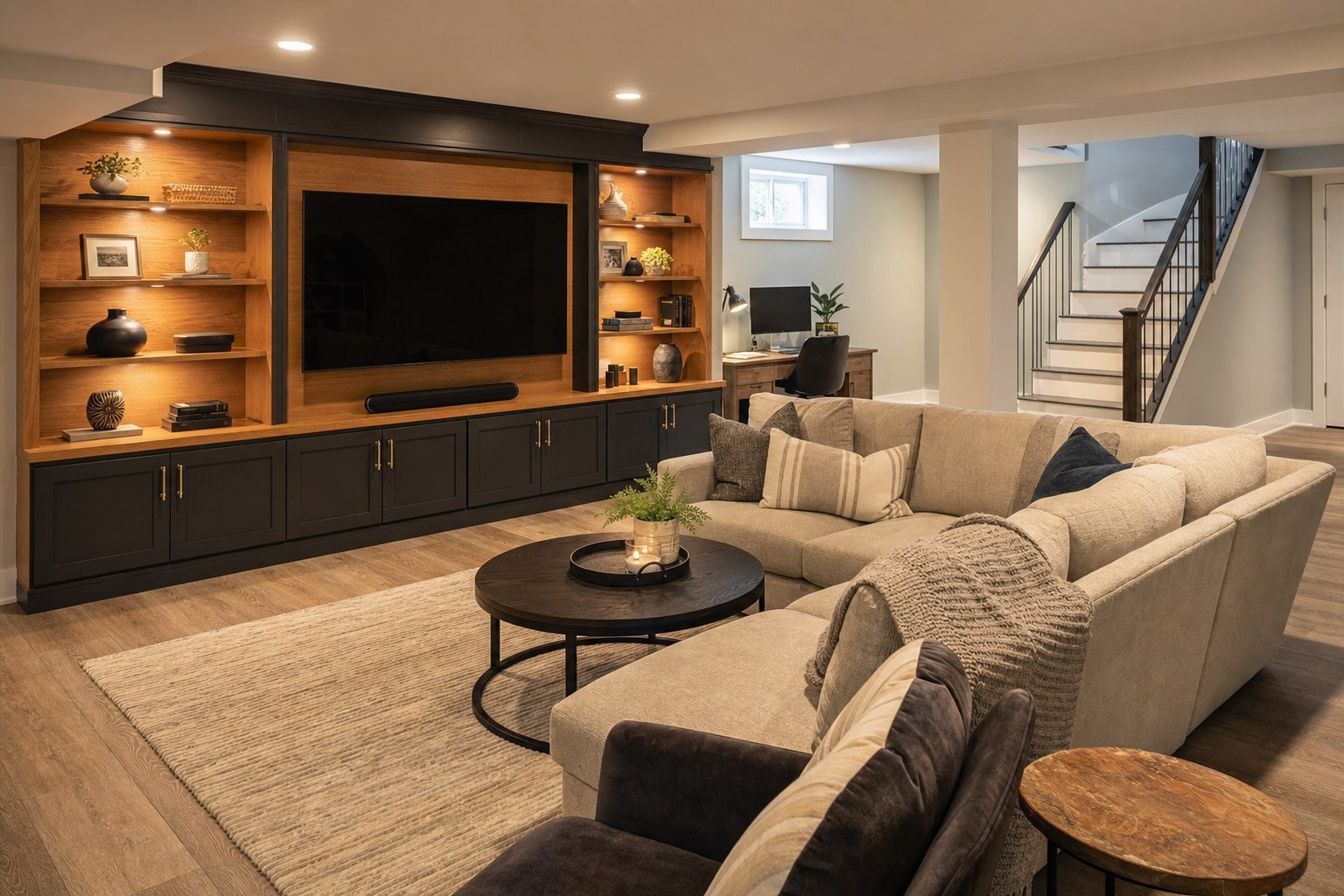 Finished basement family room with dark built-ins