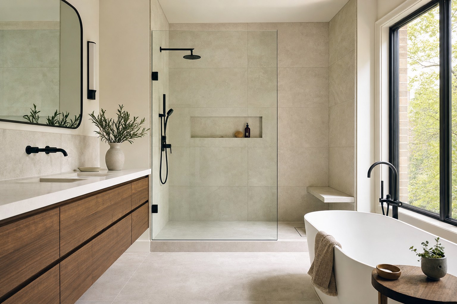 Bright bathroom with stone tile and a walk-in shower