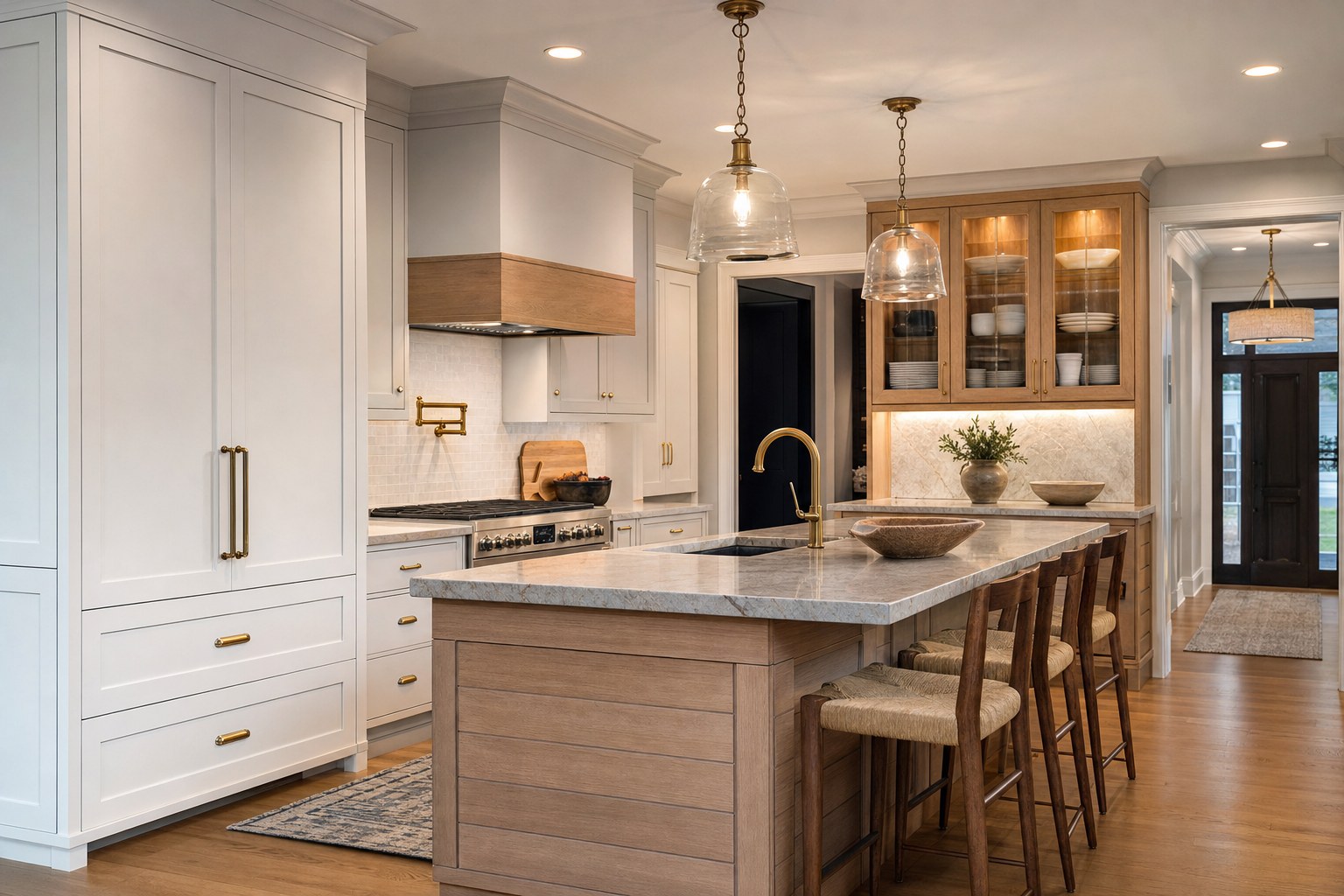 Warm kitchen with a stone island and custom cabinetry