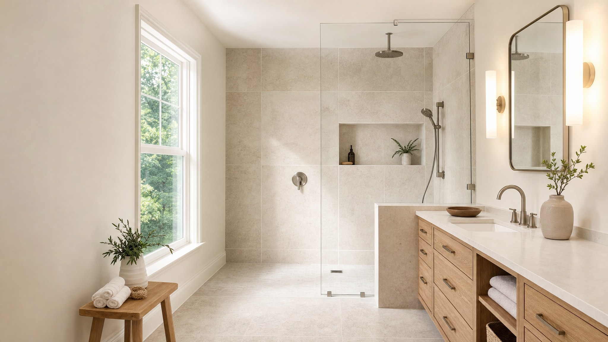 Remodeled bathroom with a walk-in shower, stone tile, and a white oak vanity