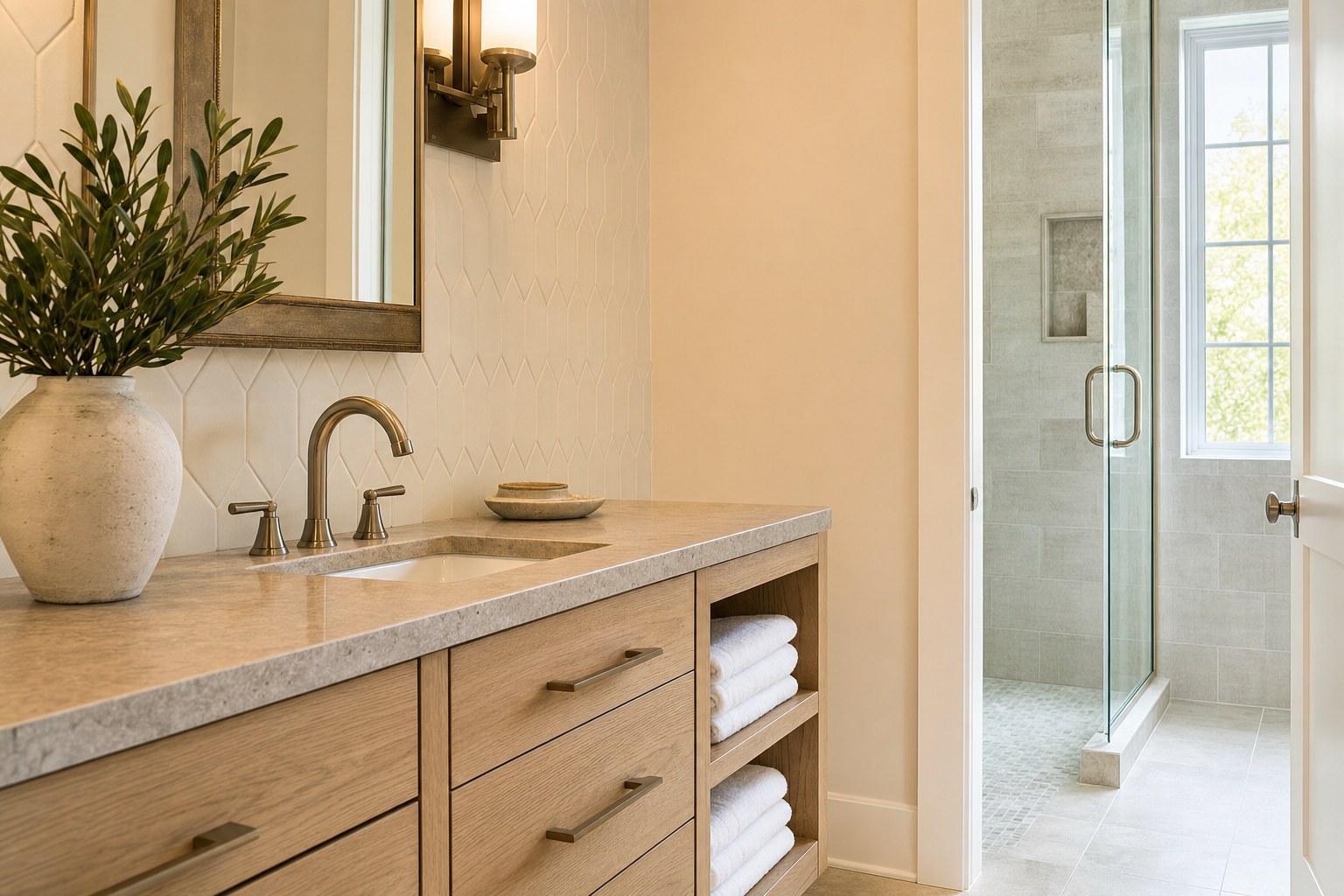 White oak bathroom vanity beside a bright walk-in shower