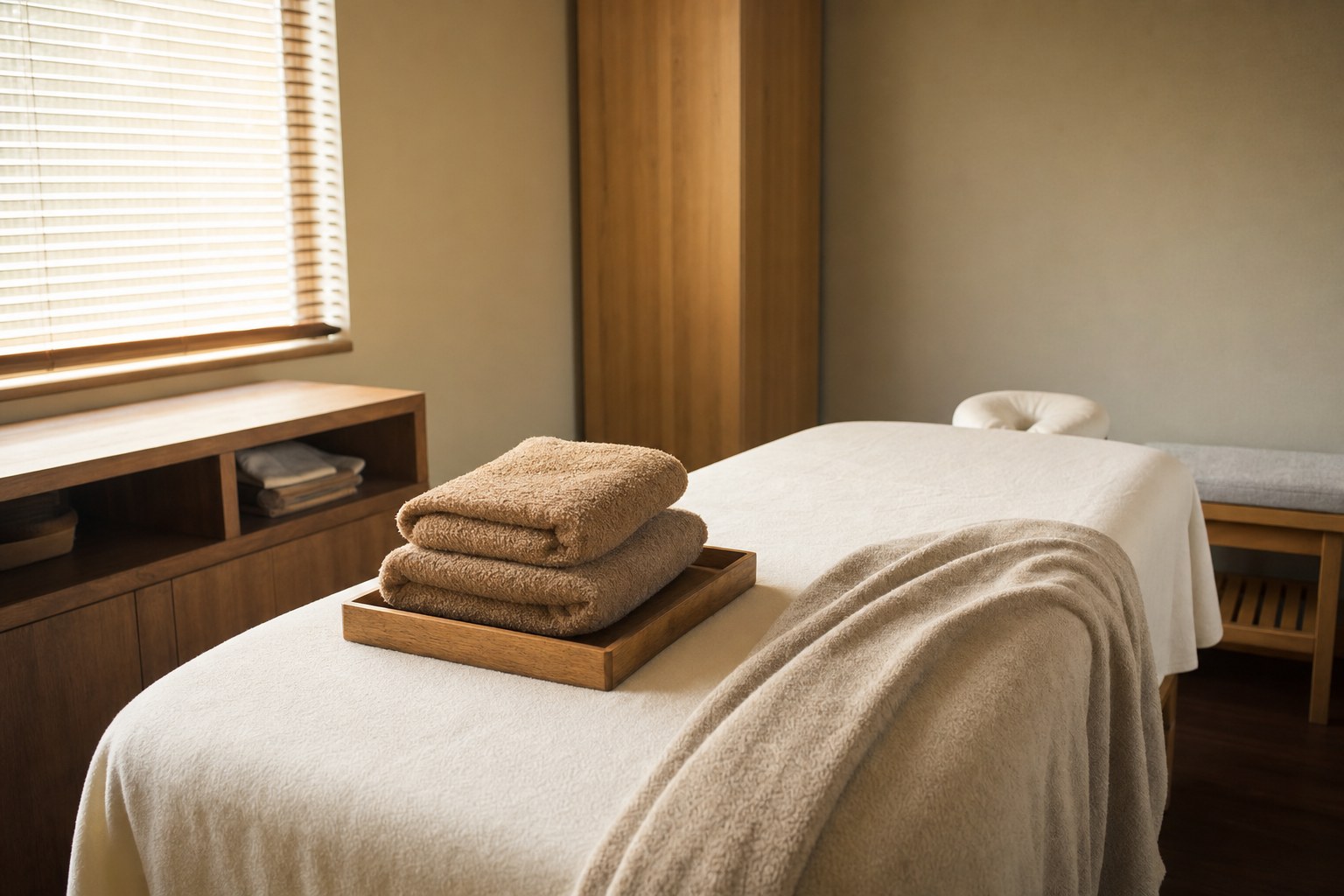 Prepared massage table with folded towels in a calm treatment room