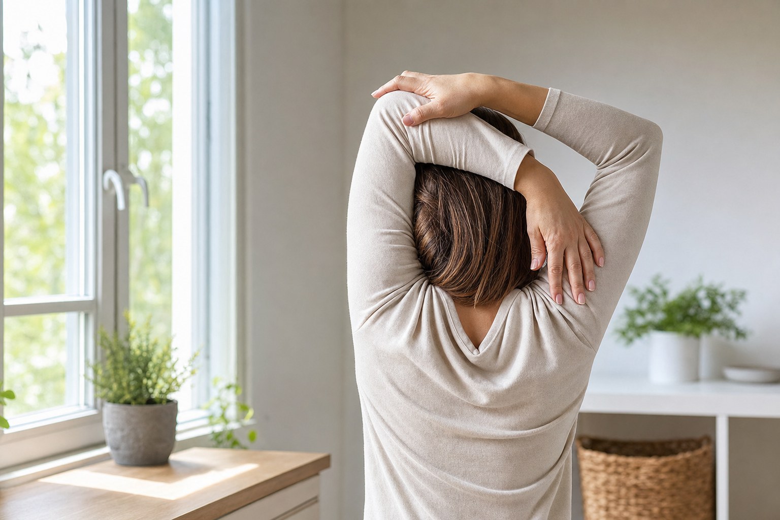 Person gently stretching their shoulders beside a window