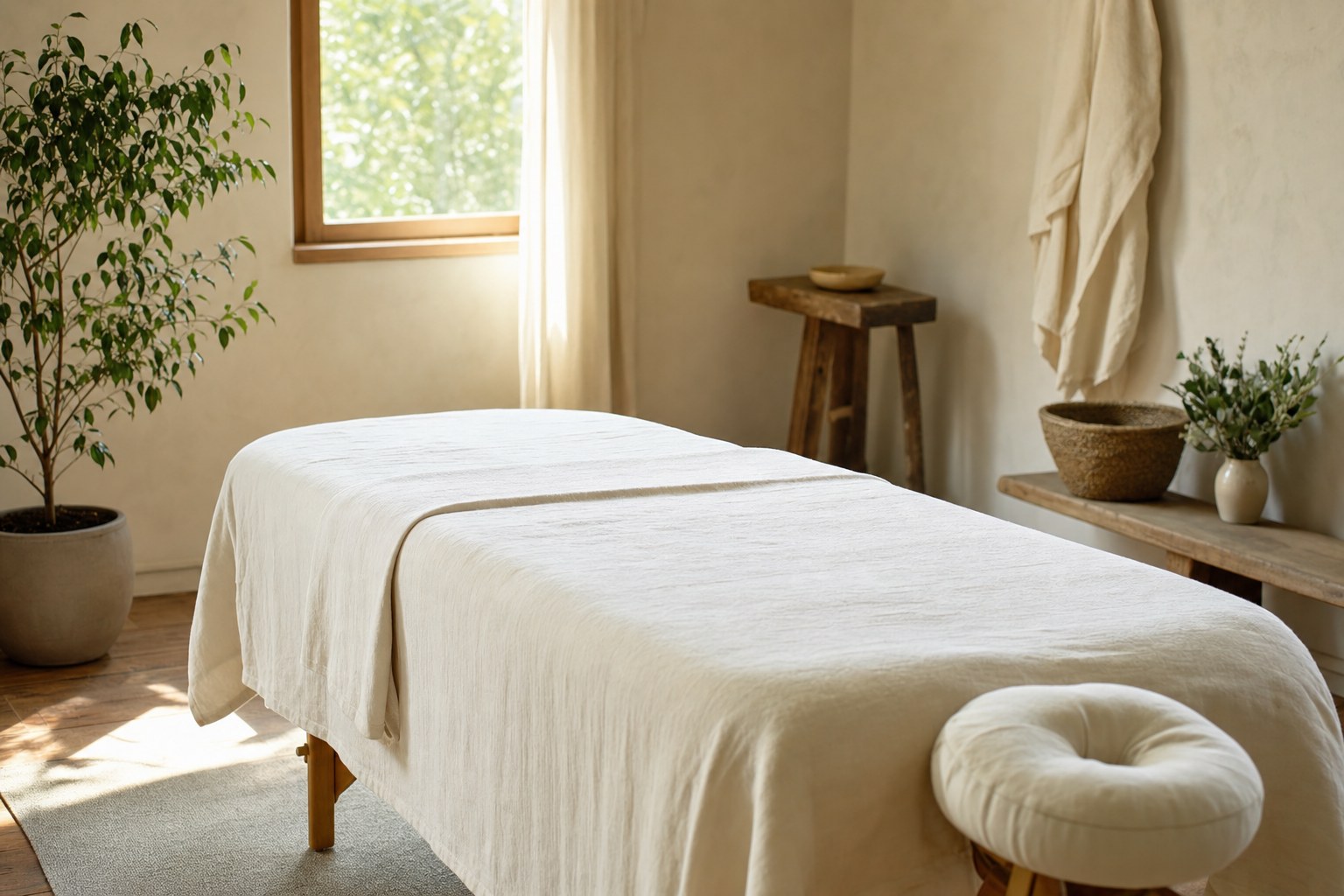Quiet massage room prepared with a linen-covered table