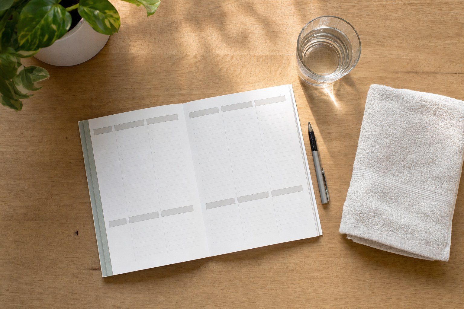 Blank weekly planner beside a glass of water and folded towel
