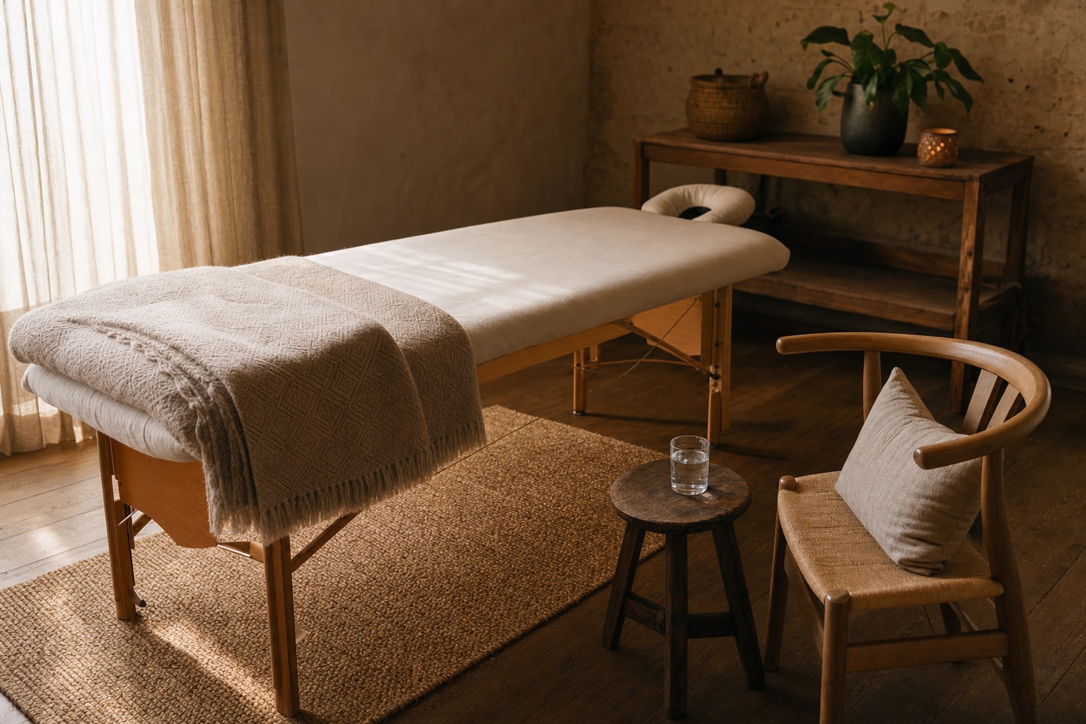 Prepared massage table and comfortable chair in a warm private treatment room